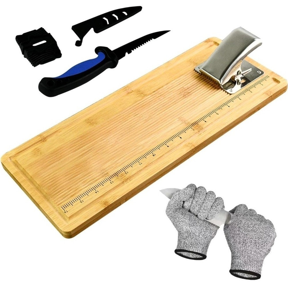 18" Bamboo Fish Cleaning Board Kit Anti-slip Fish Cutting Board Set - Fish File